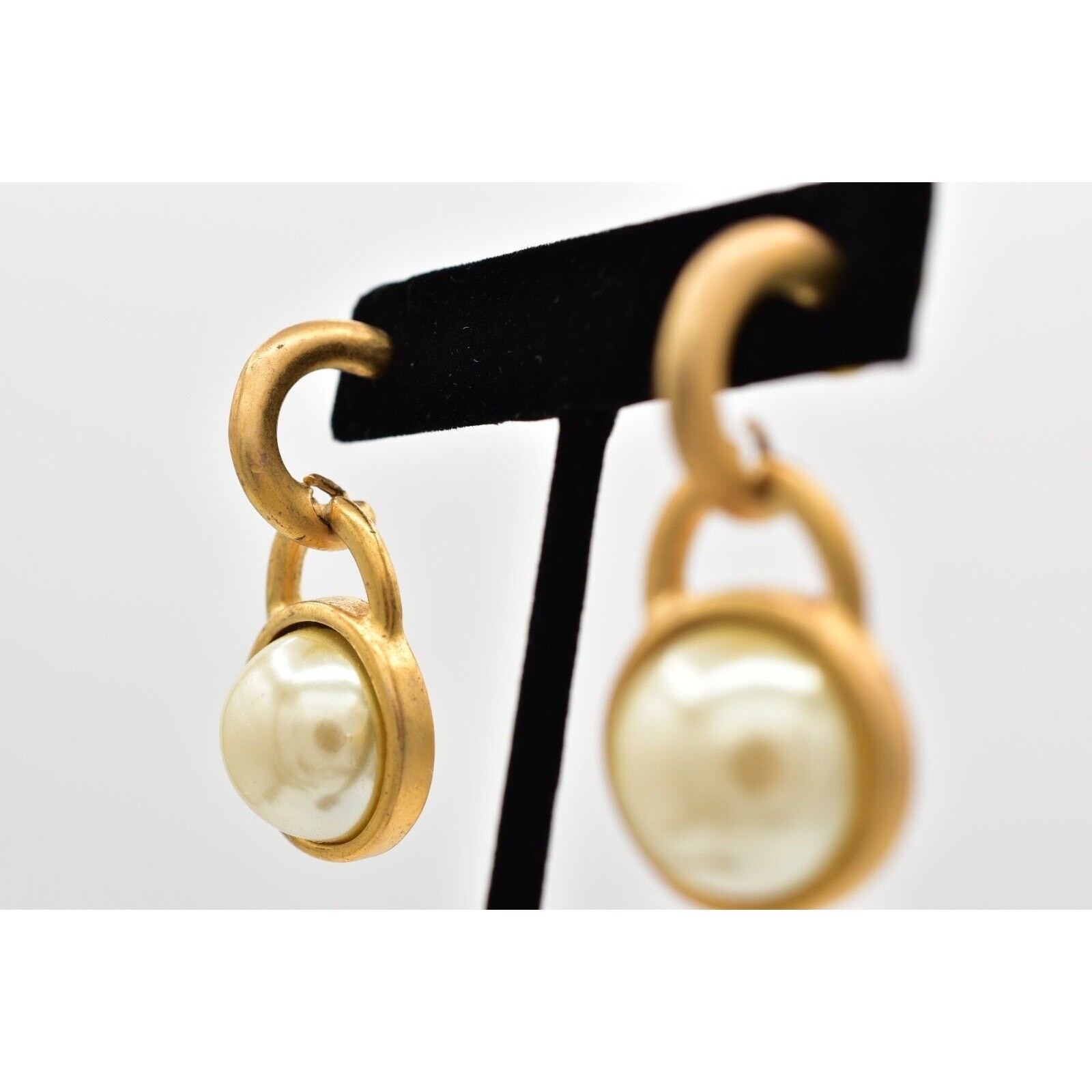 Vintage Pearl Drop Earrings Dangle Brushed Gold Matte Post Chunky NOS 1980s A23