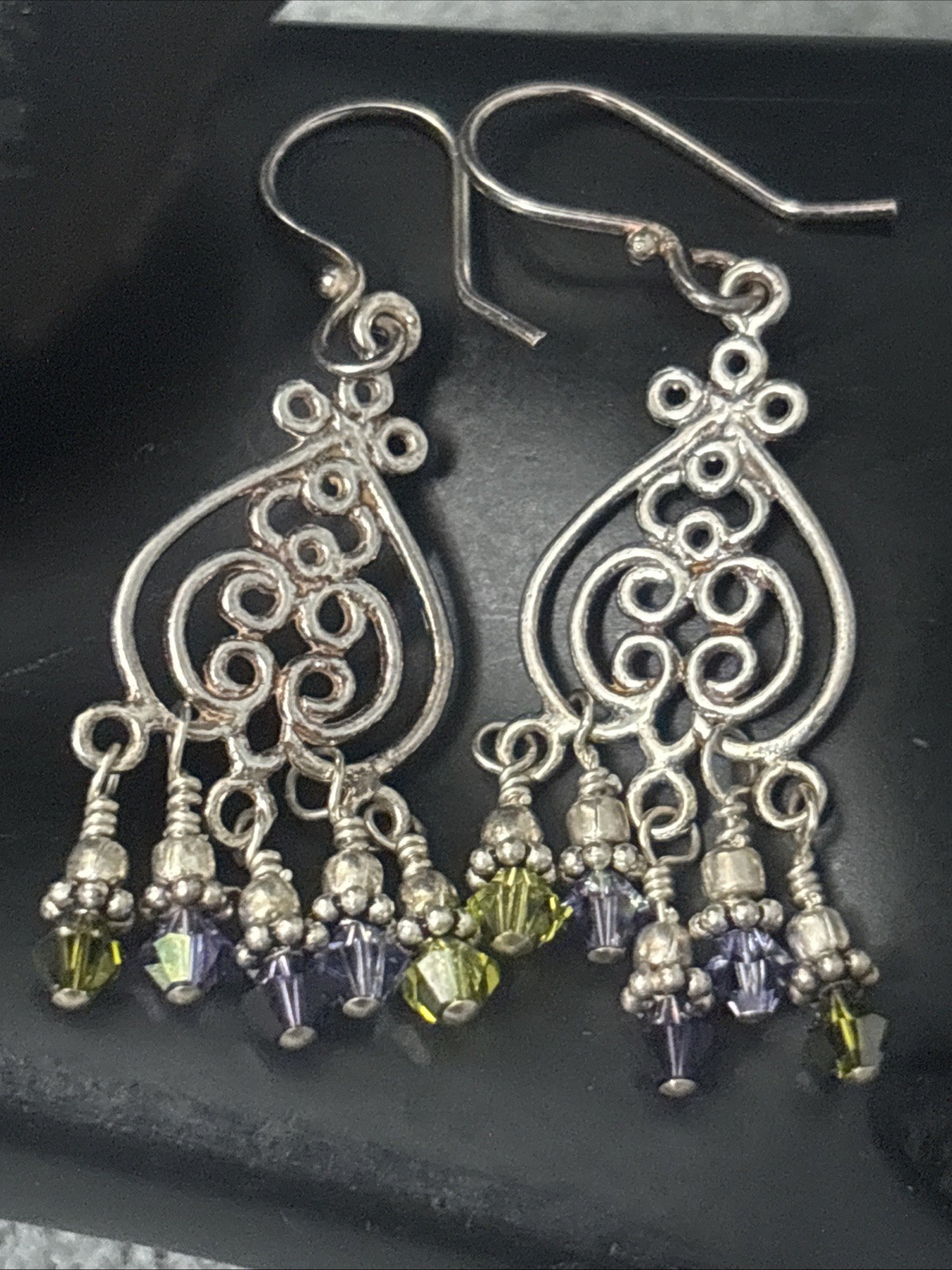 Vintage Sterling Silver Drop Earrings Green Purple Beads Dangle 6g 2”