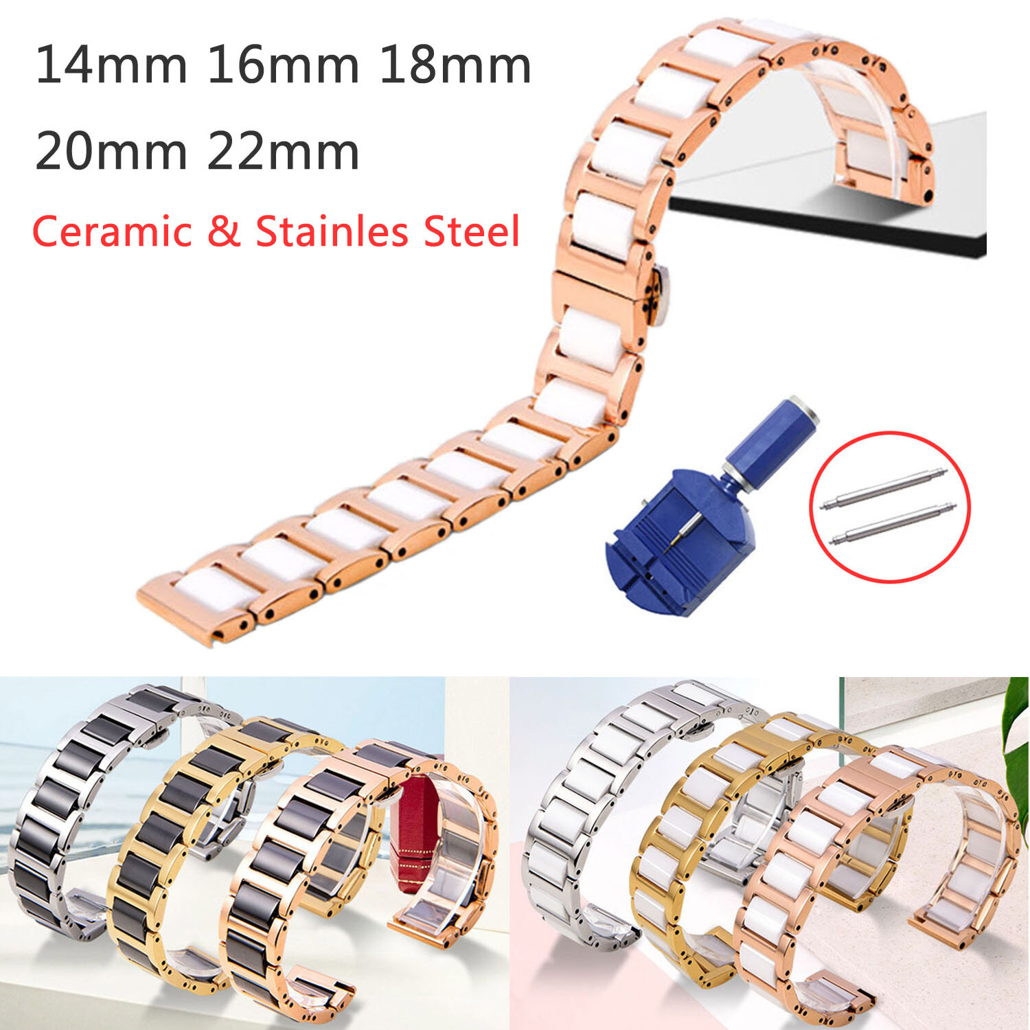 12mm 13 14 15 16 17 18 19 20 22mm Stainless Steel Ceramic Watch Band Metal Strap