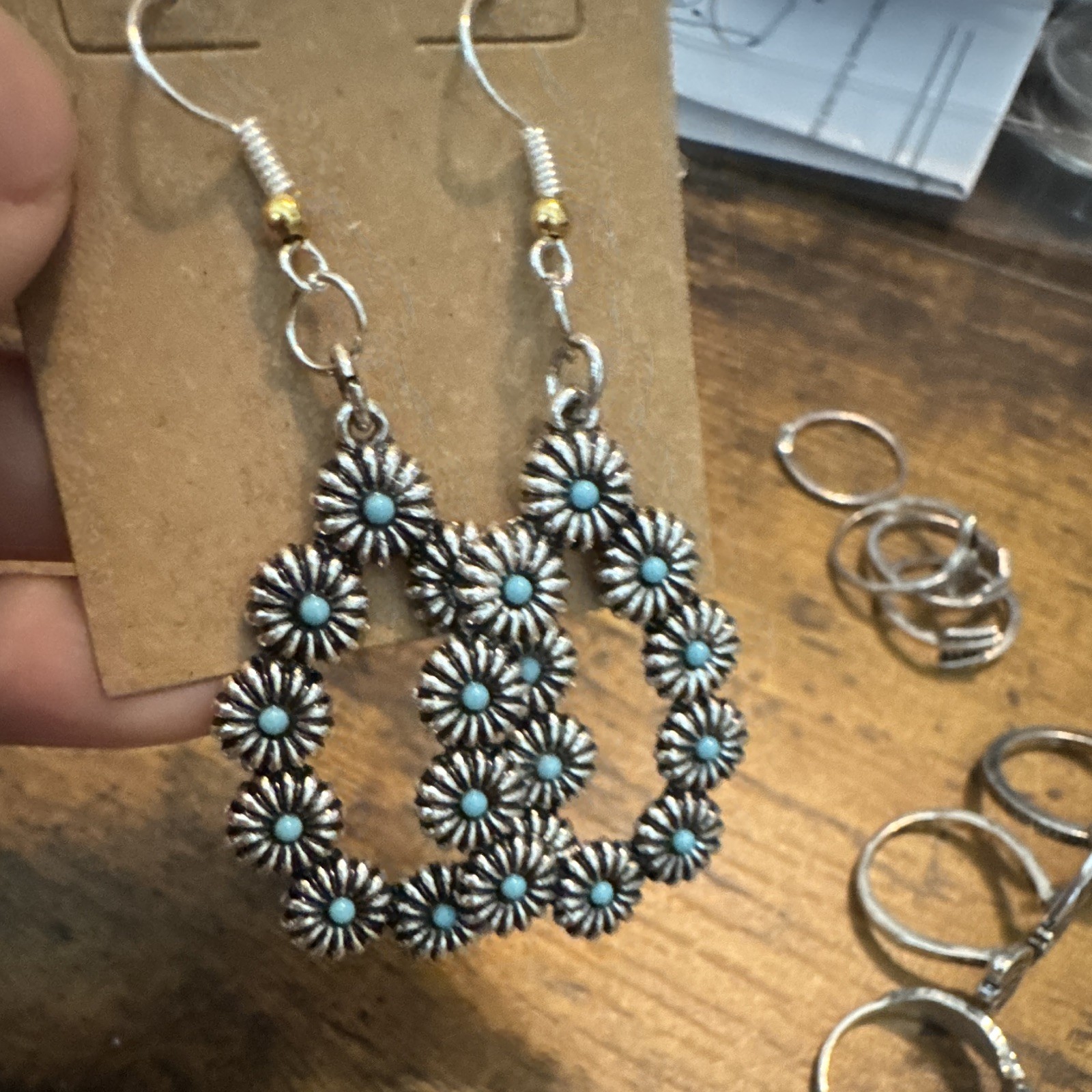 Women’s Silver Tone Blue Flower Teardrop Hook Dangle/Drop Earrings