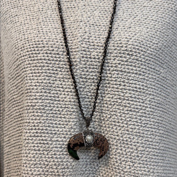 Boho Reversible Crescent Horn Pendant Necklace Green Snakeskin Pearl Brown Stone