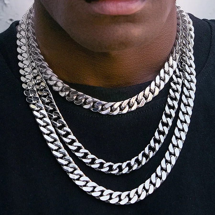 8MM-14MM Stainless Steel Cuban Chain Necklace For Men Punk Thick Long Neck Male