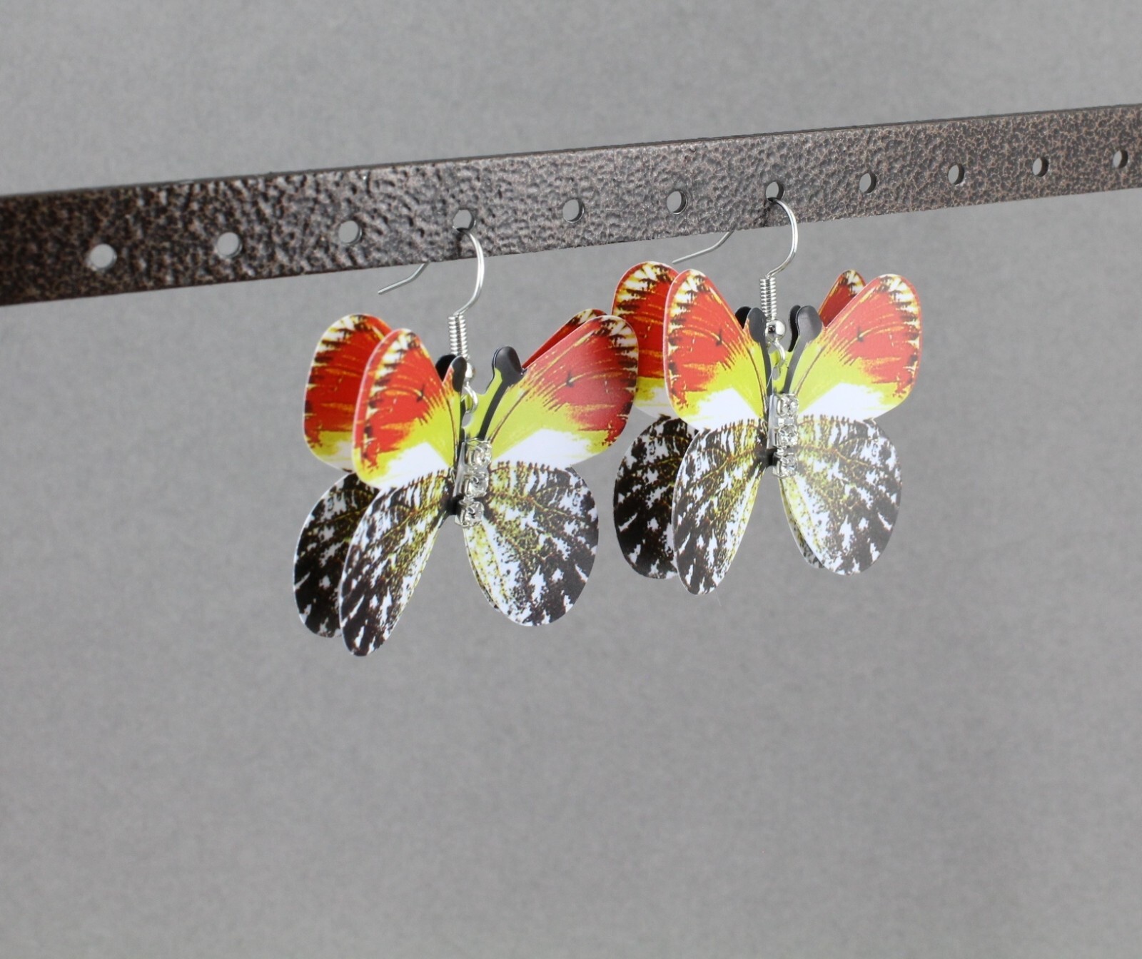 Red Yellow Black butterfly earrings 3D dangle 1 5/8″ long Very lightweight wings