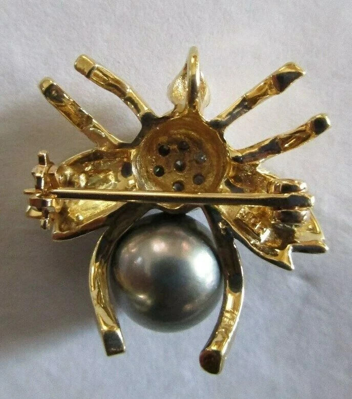 18K Gold Diamond & Tahitian Pearl Mosquito Pendant / Brooch 4.40 Grams