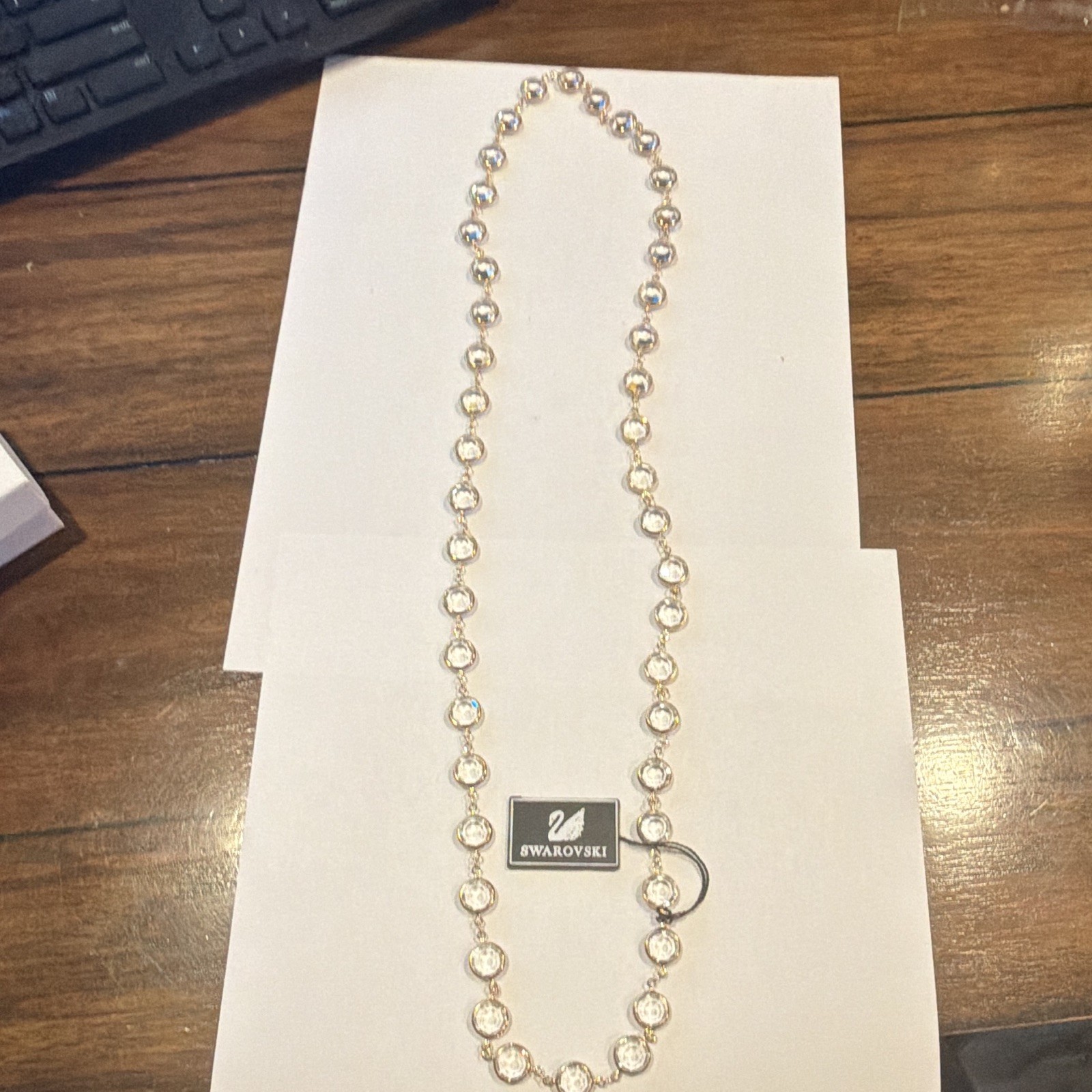 Swarovski Gold Plated Necklace Round Bezel-Set Clear Crystal never worn 34 inch