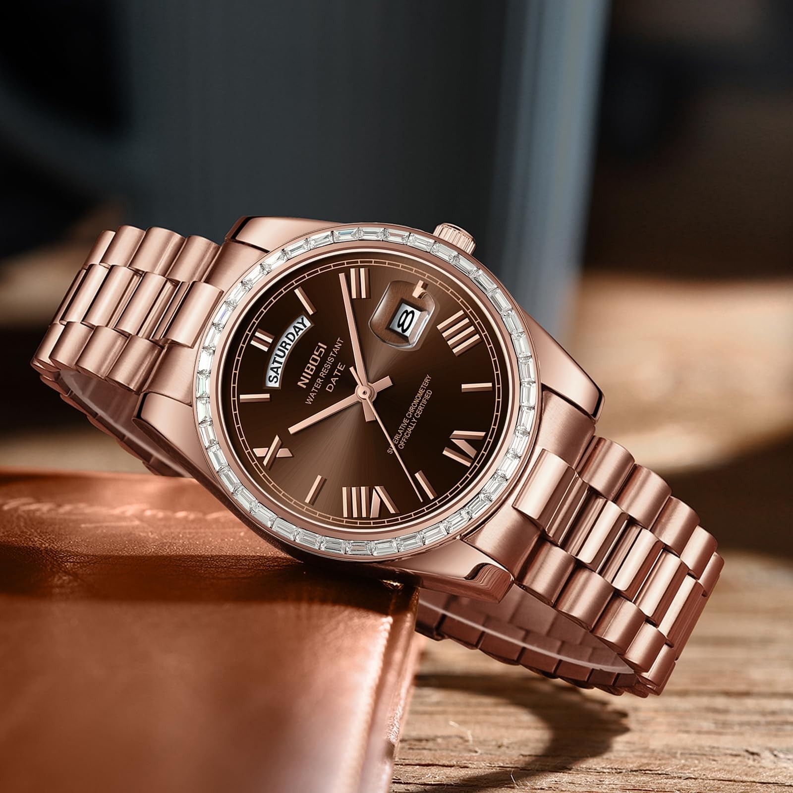 Men’s Watches Analog Quartz Diamond Bezel Stainless Steel Brown Dial Rose Gol…
