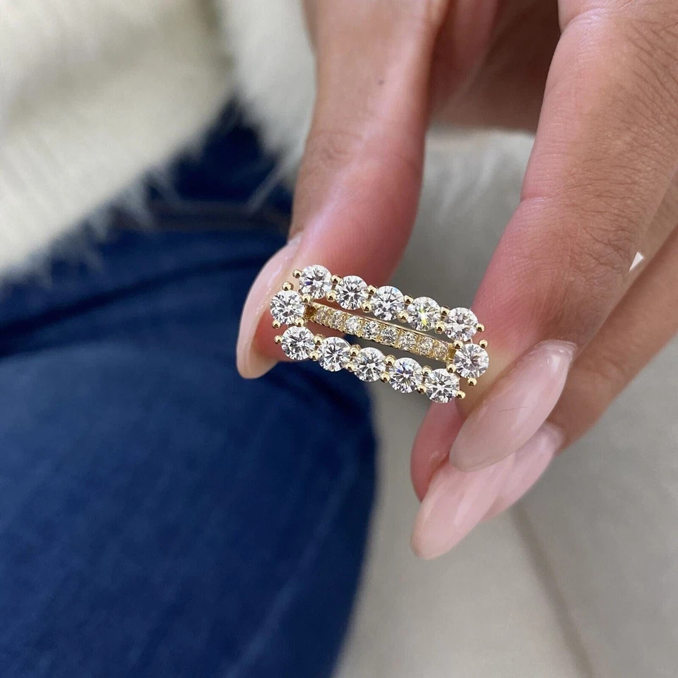 2Ct Round Cut Simulated Real Moisannite Fancy Band Ring 14k Yellow Gold Plated