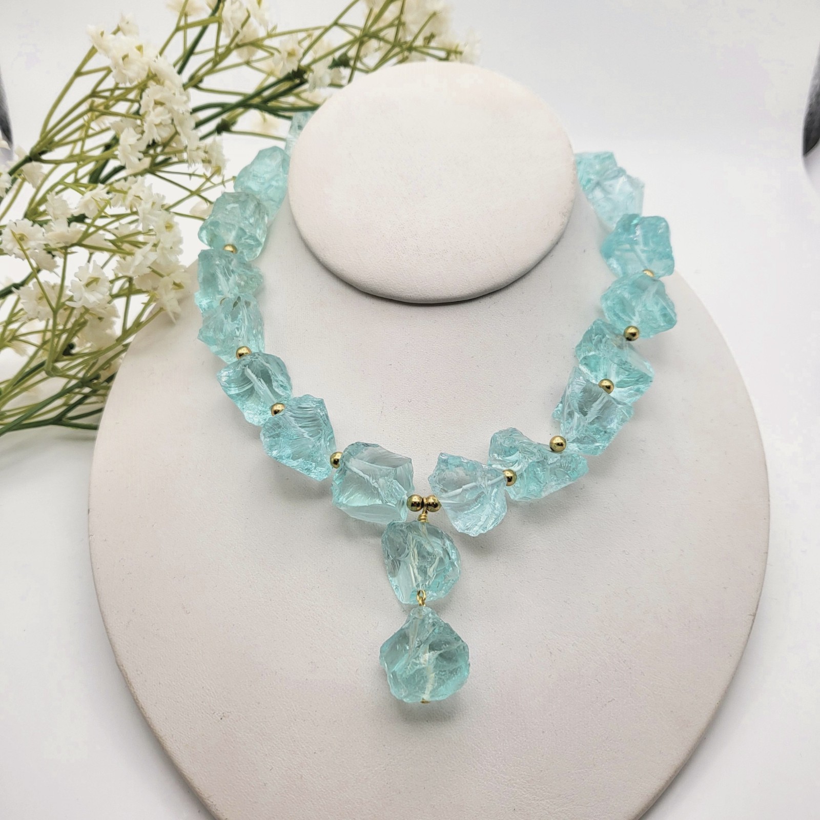 Blue Aqua Aquamarine Nugget Statement Necklace, March Birthstone, Gold 18″