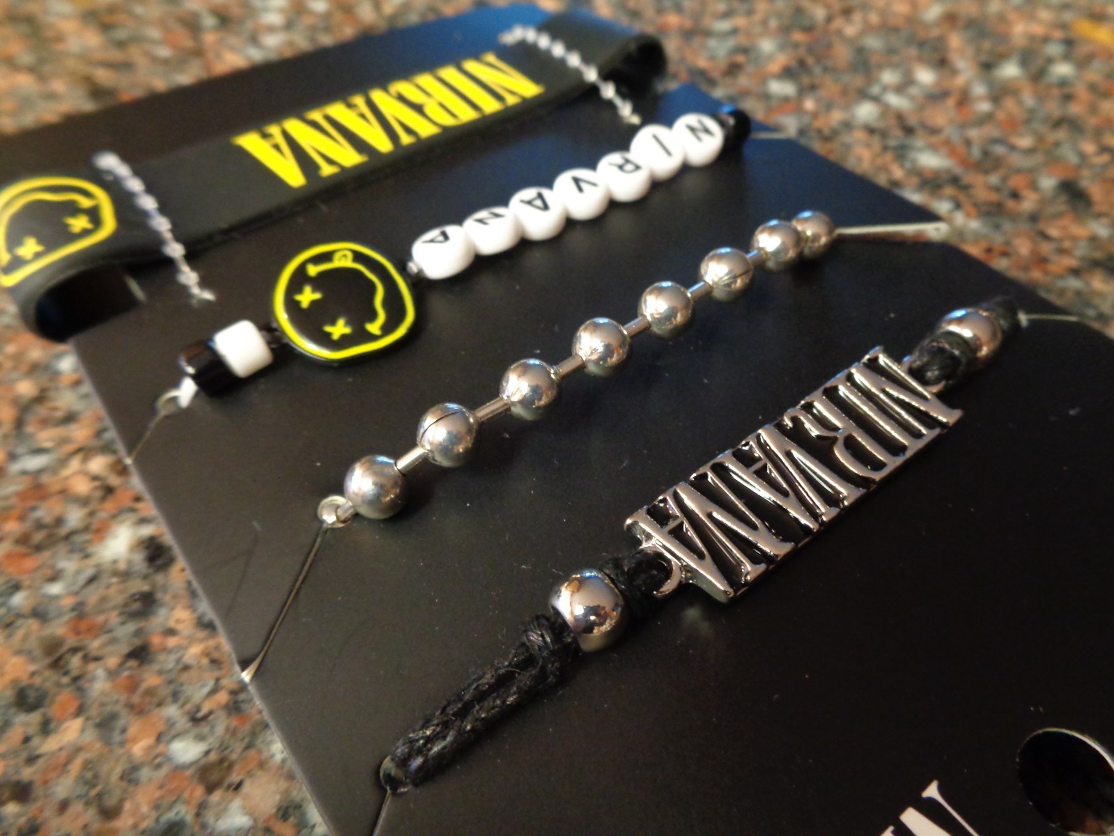 Nirvana Logo Bracelet Set 4 Bead Nameplate Smiley Face Rubber Cobain New