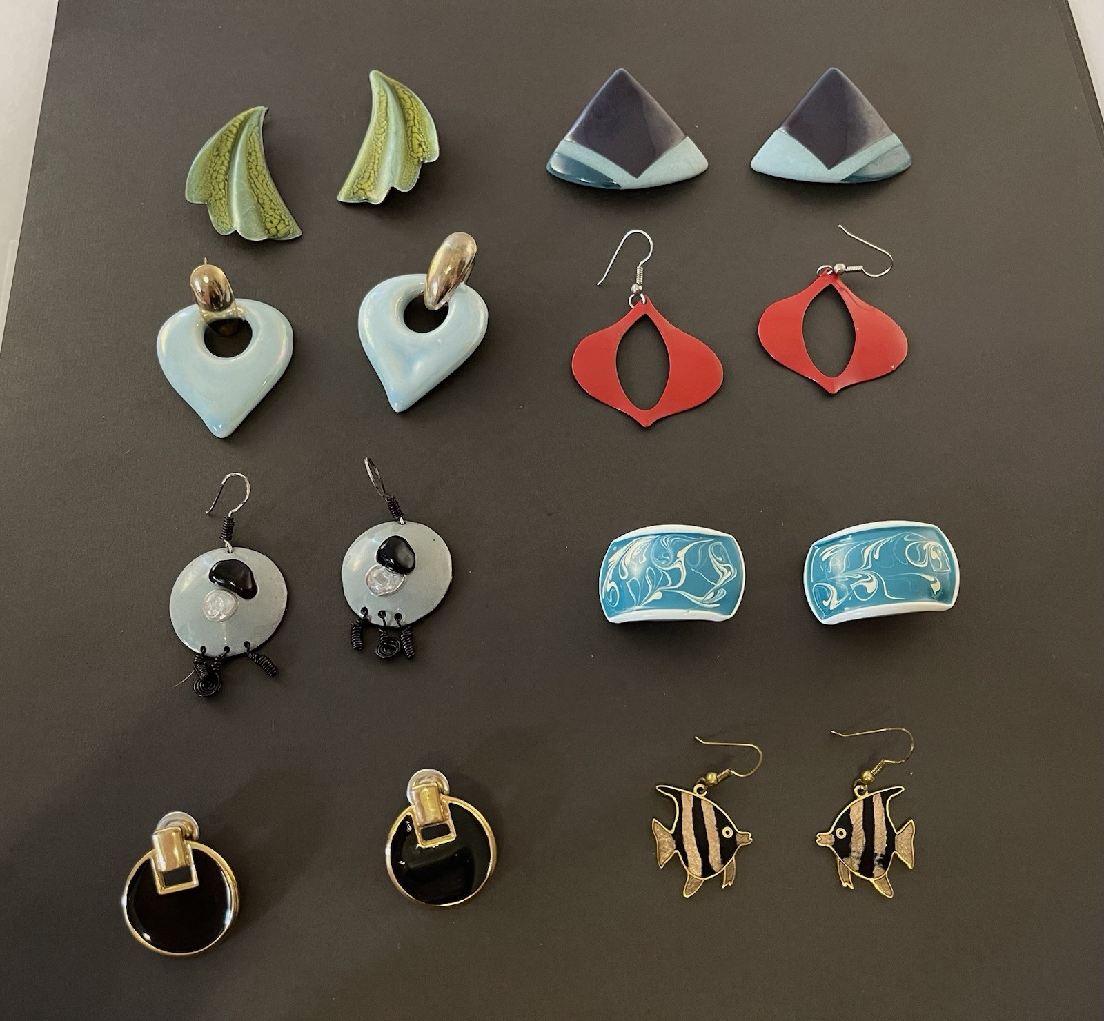 Vintage Earrings Pierced Enamel Ceramic Copper Gold-Tone Abstract 8 Pairs