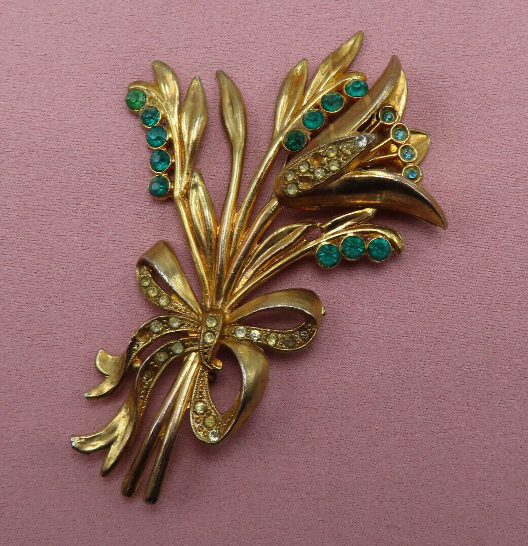 Antique Rhinestone Brooch Flower Clear Green Crystal 3.75 in OOAK Vintage 253f