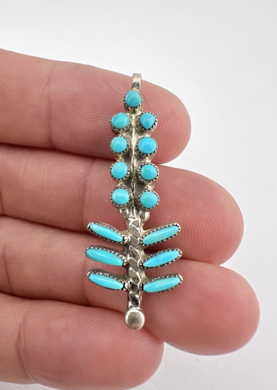 Vtg Zuni Sterling Silver Needle Point Turquoise Corn Stalk Pin Pendant 1 5/8″
