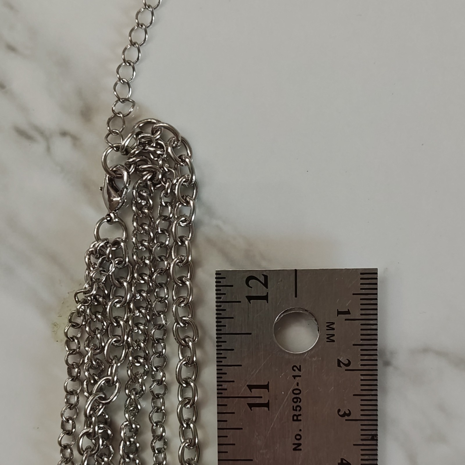 Silver Tone Layered Oval Link Chain Necklace Black Crystal Stations Adj Lobster