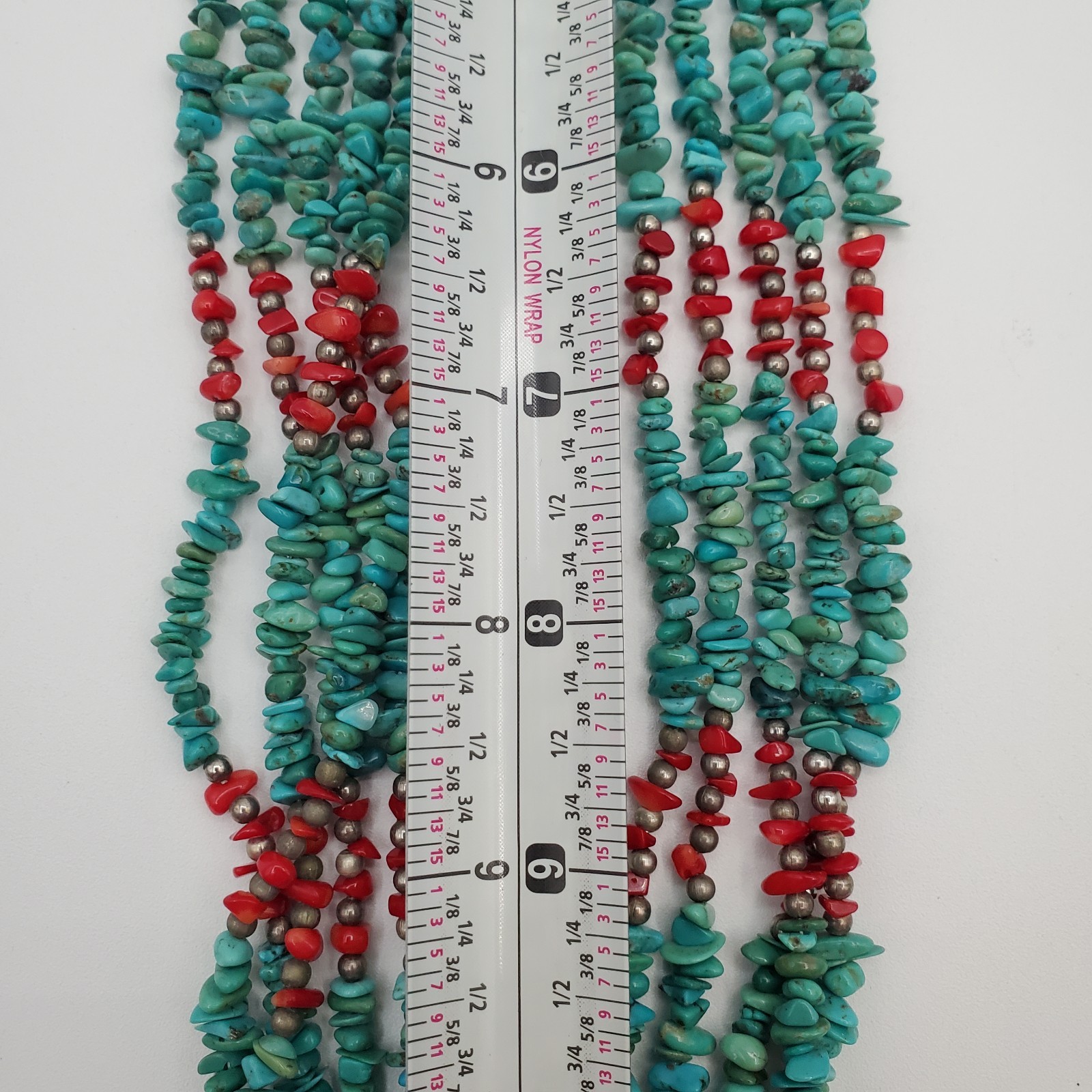 Turquoise Red Coral Necklace 28in Multi Strand Chip Bead Southwest Tribal Wrap