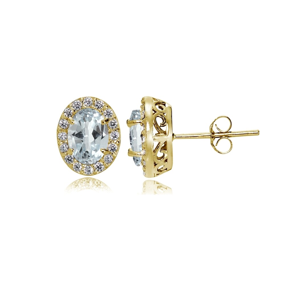 Yellow Gold Flashed Sterling Silver Aquamarine and CZ Oval Halo Stud Earrings