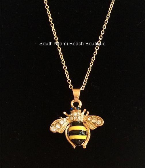Gold Bumble Bee Necklace 18″ Crystal Insect Queen Bea Plated USA Seller