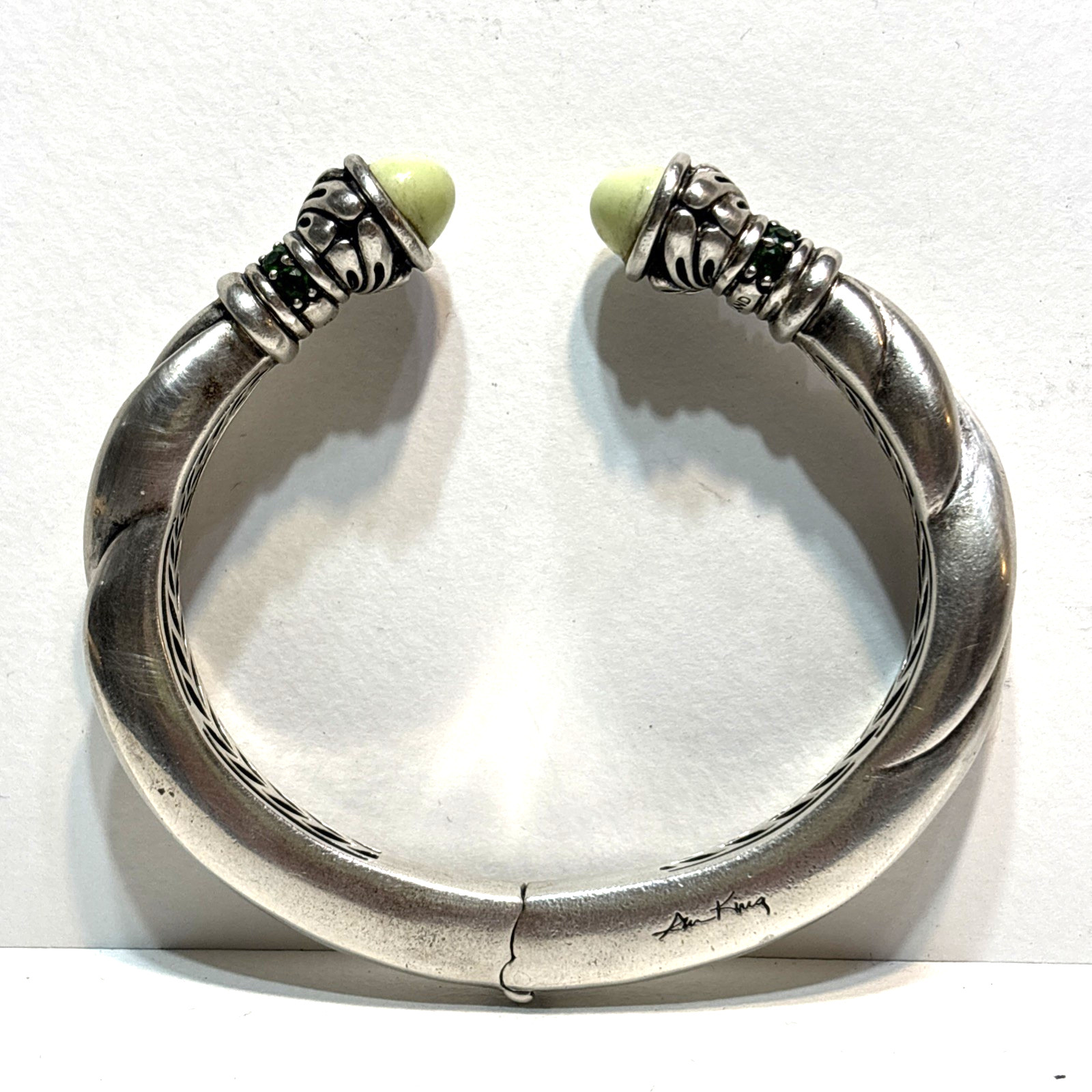 Rare Ann King Bracelet Hinged Cuff Green Sterling Silver Stone