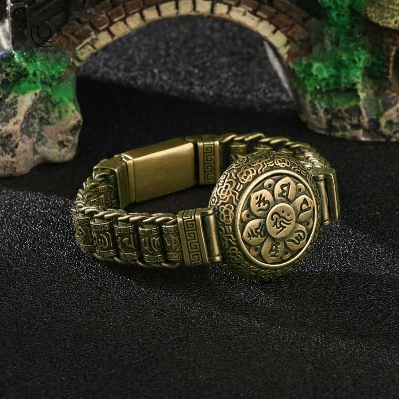 Pure Copper Buddhist Mantra Cuff Bangle Rotating Brass Lucky Bracelet Spiritual
