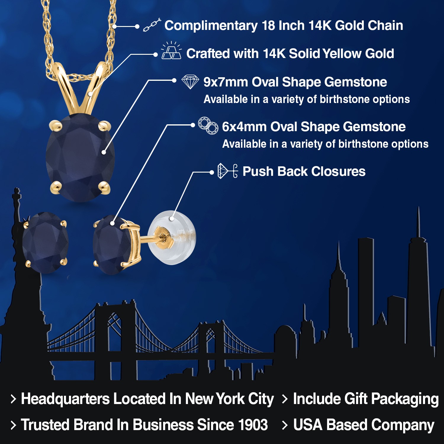 14K Yellow Gold Sapphire Pendant Earrings Jewelry Set For Women | 3.30 Cttw |