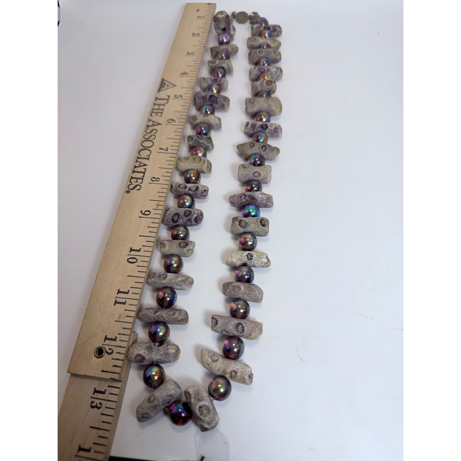 Vintage Fossil Coral and Iridescent Rainbow Pearl Beaded Necklace 24 Inch