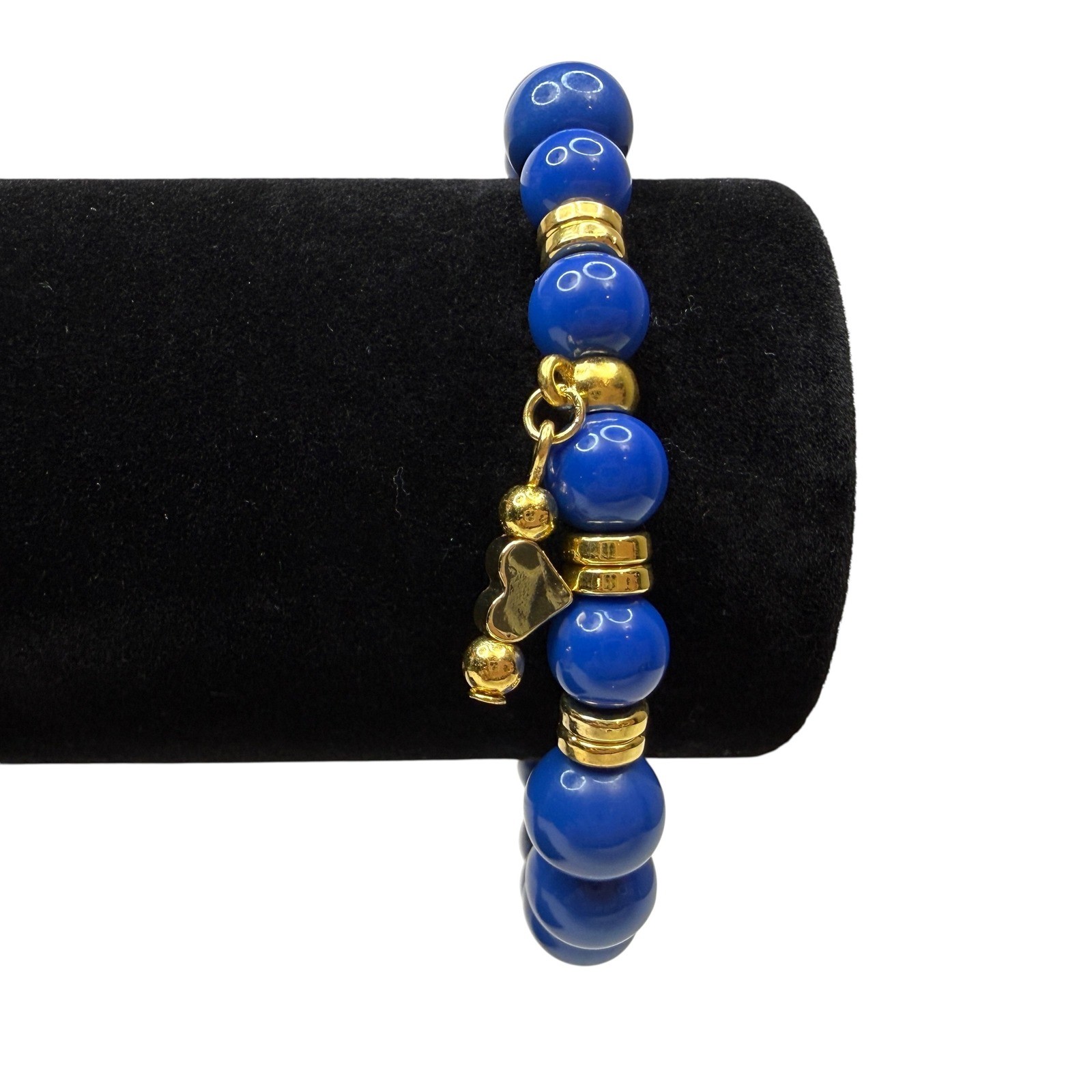 Blue Acrylic Beaded Heart Charm Bracelet Gold Tone Accents Stretch Band Jewelry