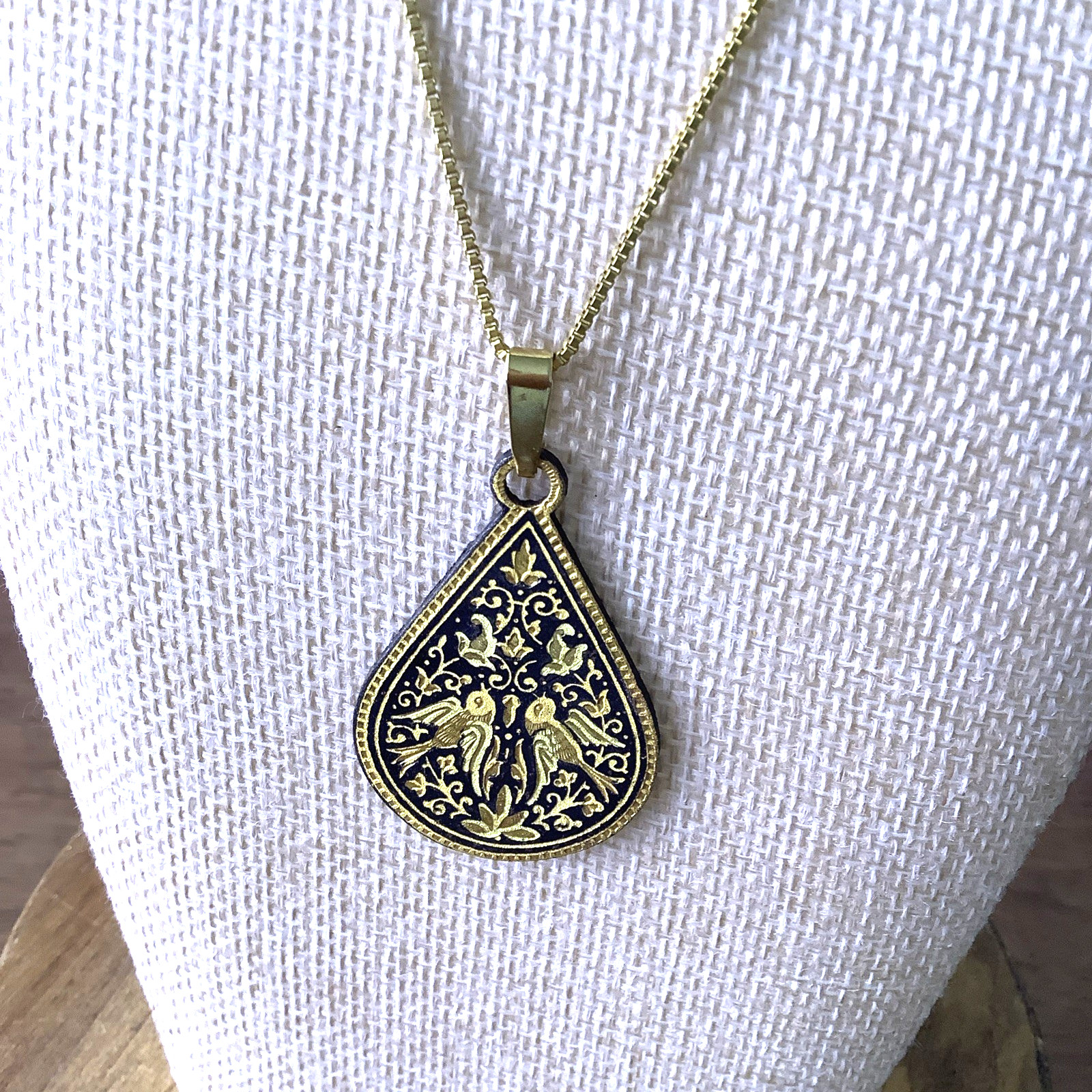 Vintage 1960 Damascene Love Bird Pendant Necklace Gold Black Toledo Style Drop