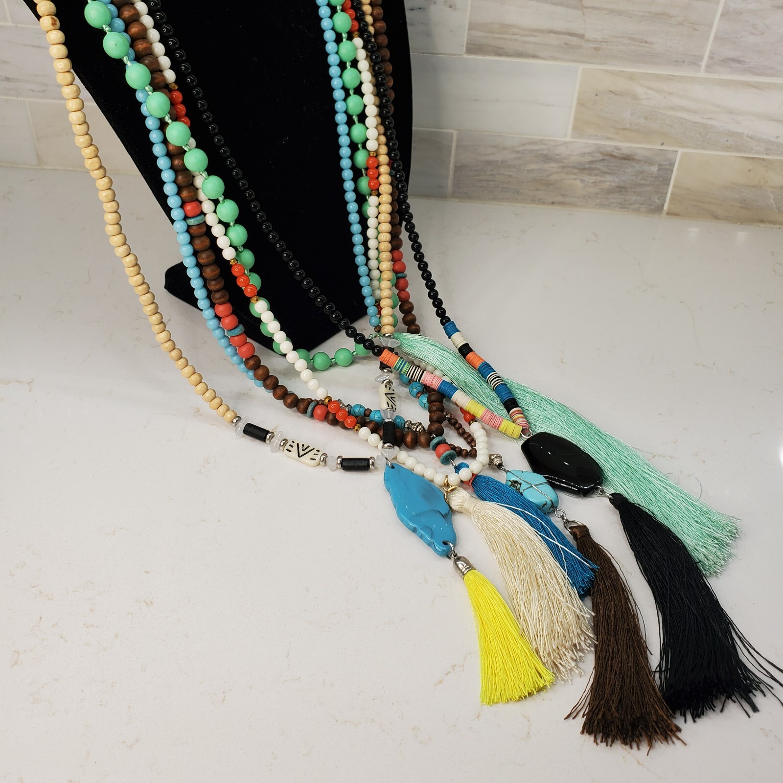 6 Beaded Tassel Necklaces – Wood & Faux Turquoise & Bone & Shell Multicolor Long