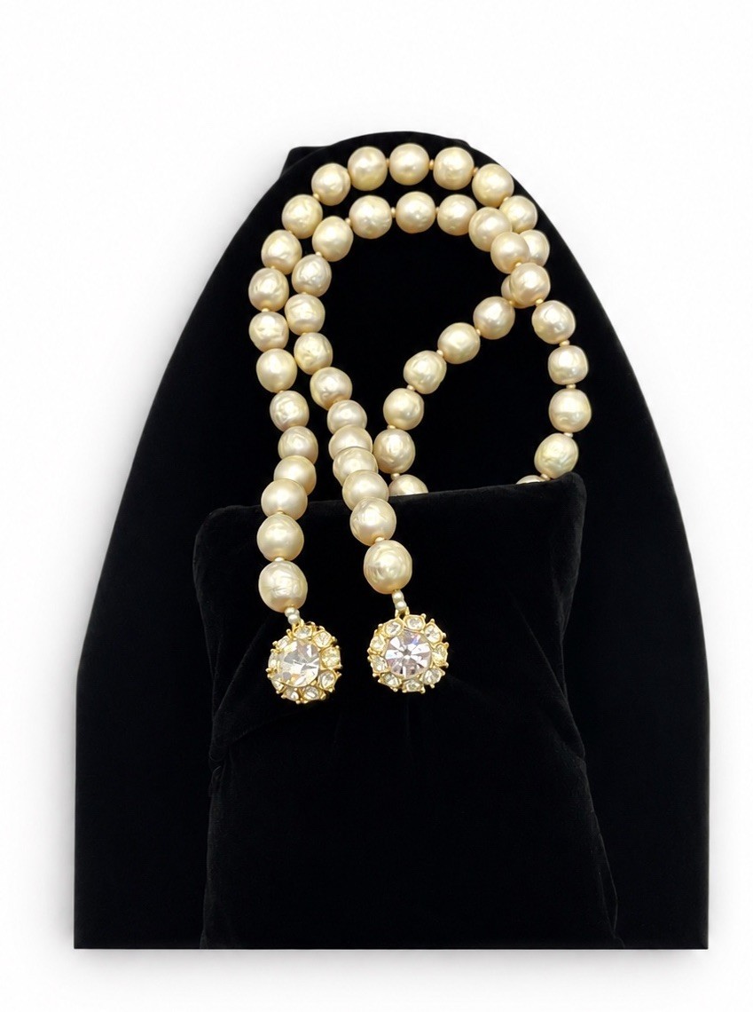 Vintage Judith McCann NY Shuvon Faux Pearl Necklace Signed Rhinestone Clasp