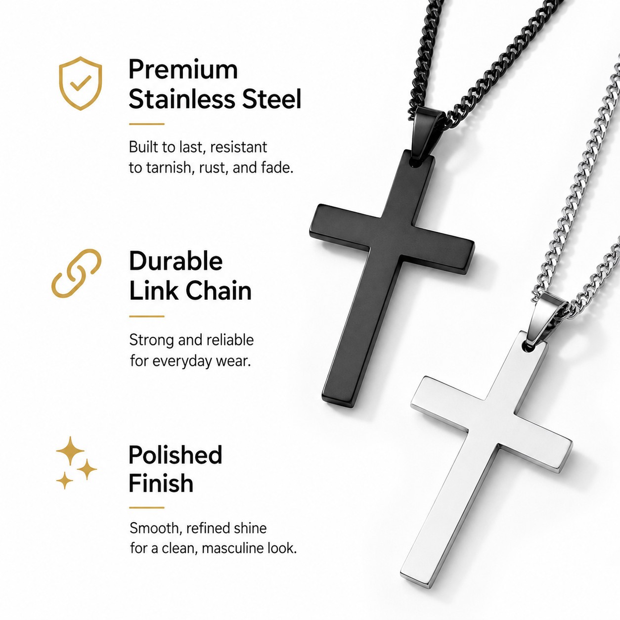 Cross Pendant Necklace Men Women Cuban Link Chain Stainless Steel Gold Silver