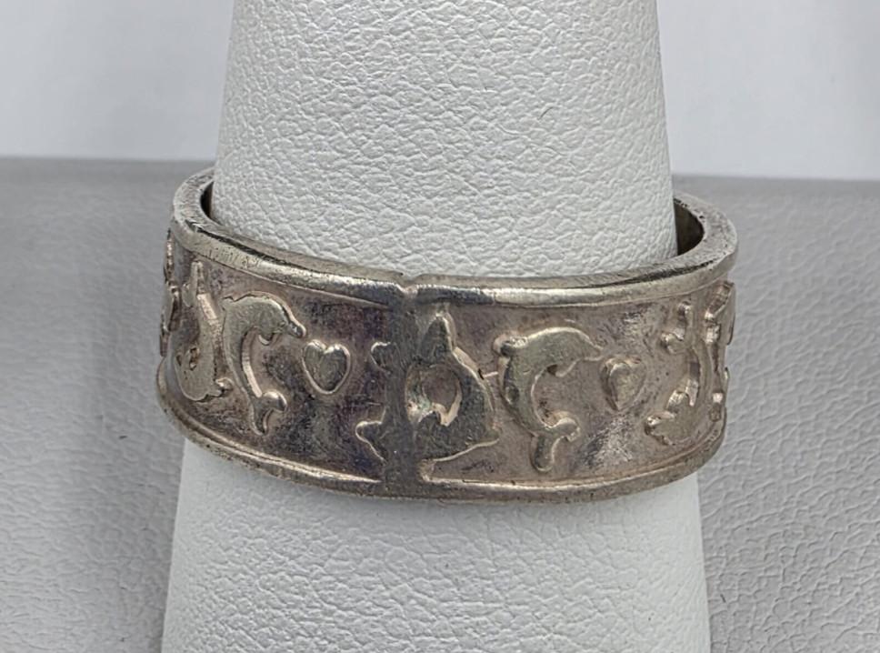 Dolphin Motif Sterling Silver Band RingSize 10.75 Marked Mex
