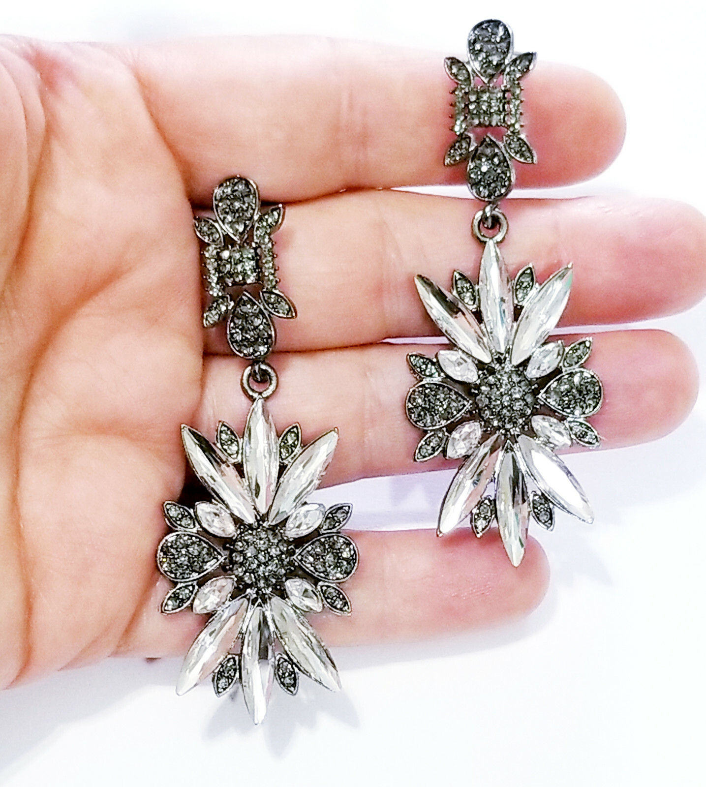 Rhinestone Chandelier Drop Earrings Steampunk Prom Pageant Jewelry 2.8 in Gray