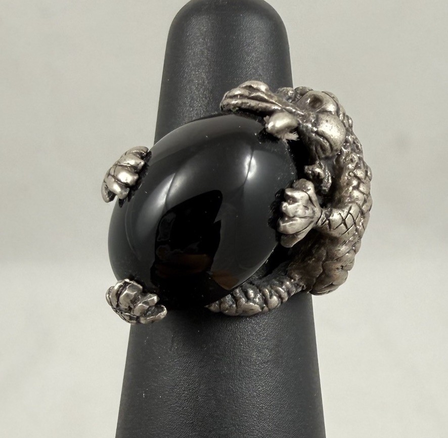 Vintage Sterling Silver Black Onyx Dragon Ring size 4.75 9.2 Grams
