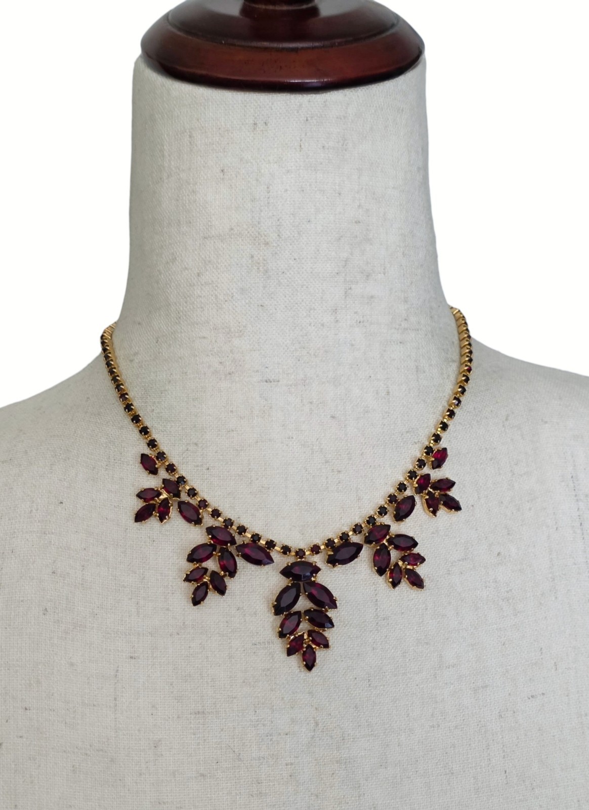 Vintage Red Rhinestone Bib Necklace Gold Tone Marquise Festoon Choker MCM