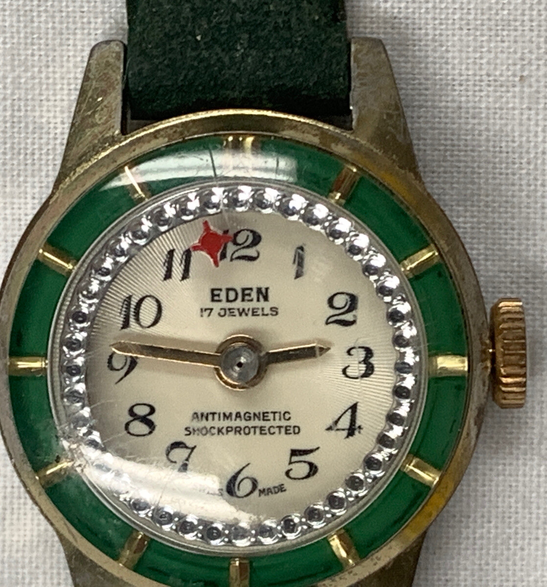 Eden 17 Jewel Antimagnetic Shock Protected Green Bezel Swiss Made PARTS REPAIR
