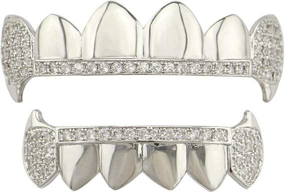 14K GP HipHop Teeth Dental Caps Grillz Top&Bottom Grills Set W/ Wax Real CZ