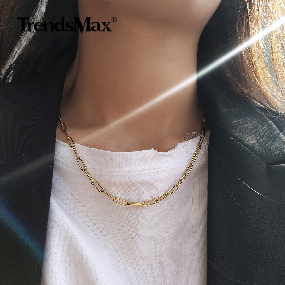 Gold PLATED Paperclip Chain Choker Women Stainless Steel Cable Link Necklace