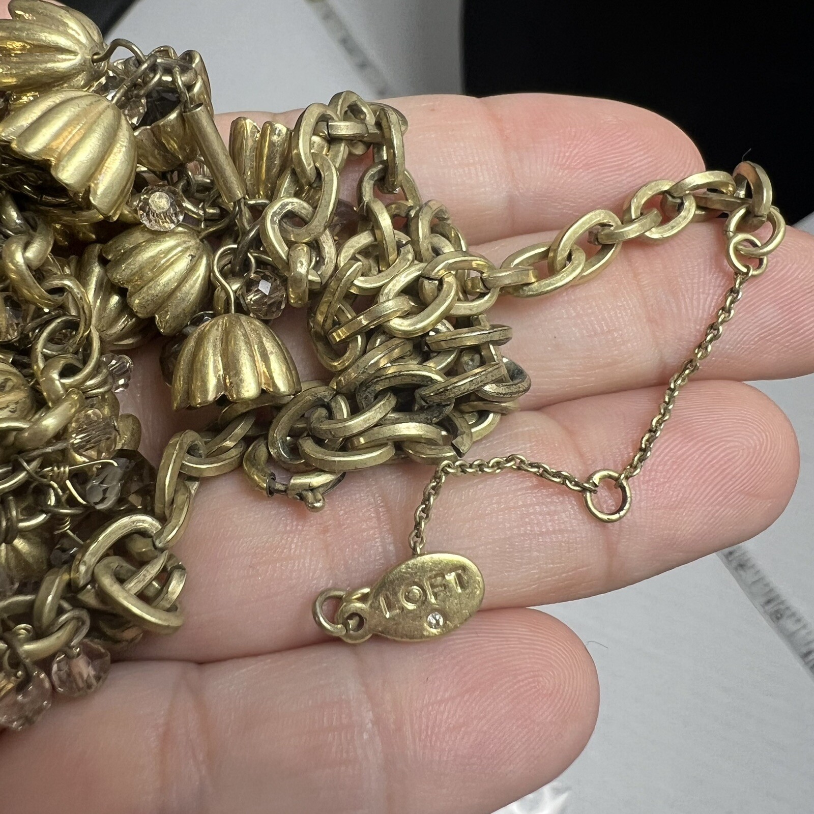 Ann Taylor Crystal Floral Drop Tiered Necklace Antique Gold Tone Flower Bells