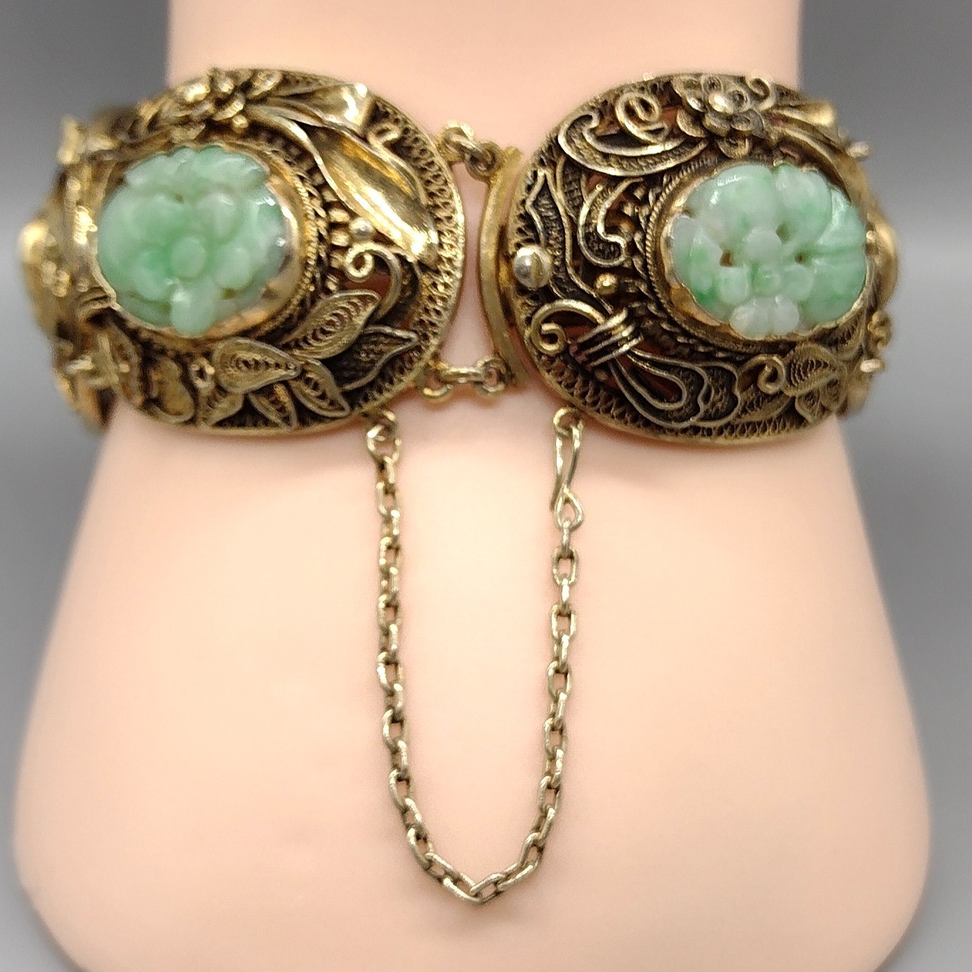 Chinese Export Carved Jade Gilt Silver Filigree Bracelet Vintage Antique Jewelry