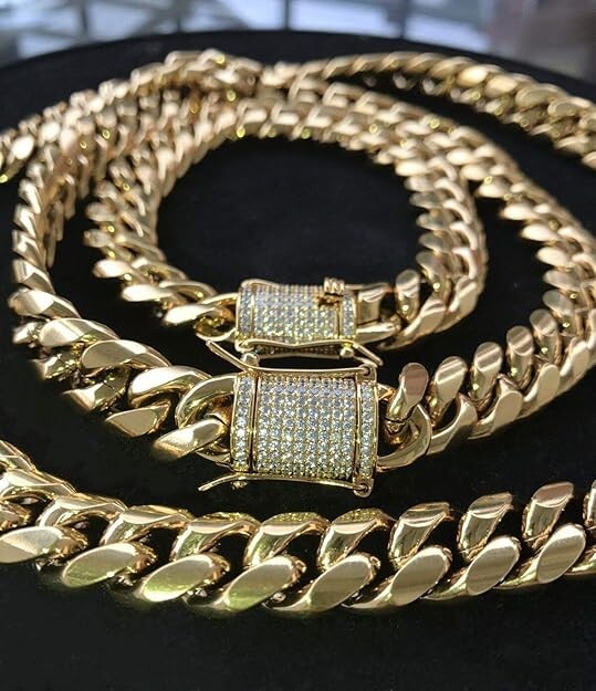 14k Gold Plated Stainless Steel Miami Cuban Link Bracelet Or Chain with CZ Clasp