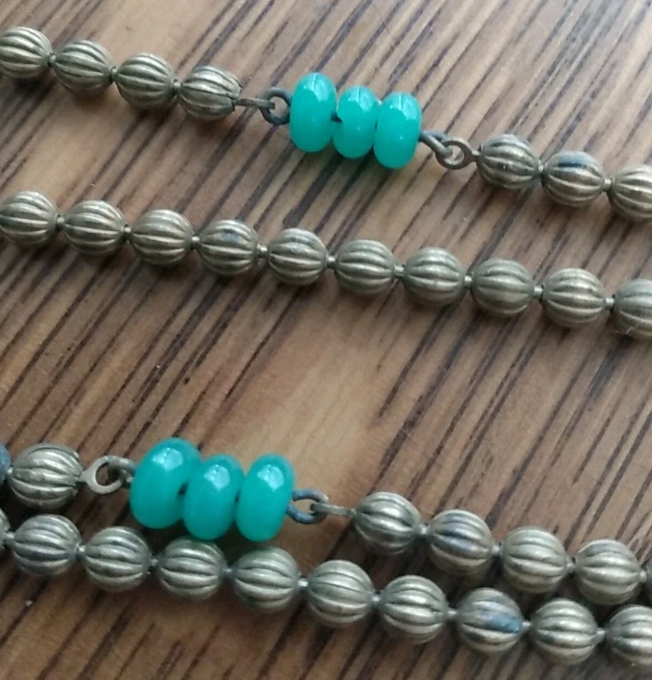 Antique Sink Chain Style Brass Ball Necklace 38” Long With Green Czech Glass