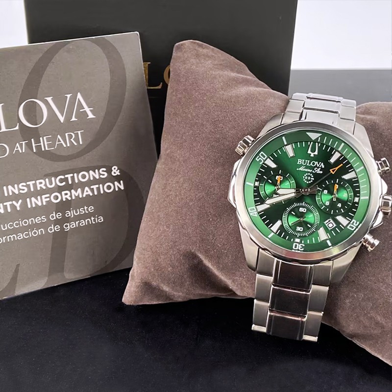 Bulova Men’s Marine Star 96B396 Green Dial Quartz Chronograph Watch 43MM
