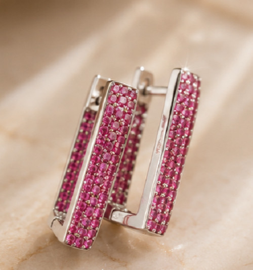 1.5ct Simulated Pink Ruby Rectangular Women’s Hoop Earrings14K White Gold Plated
