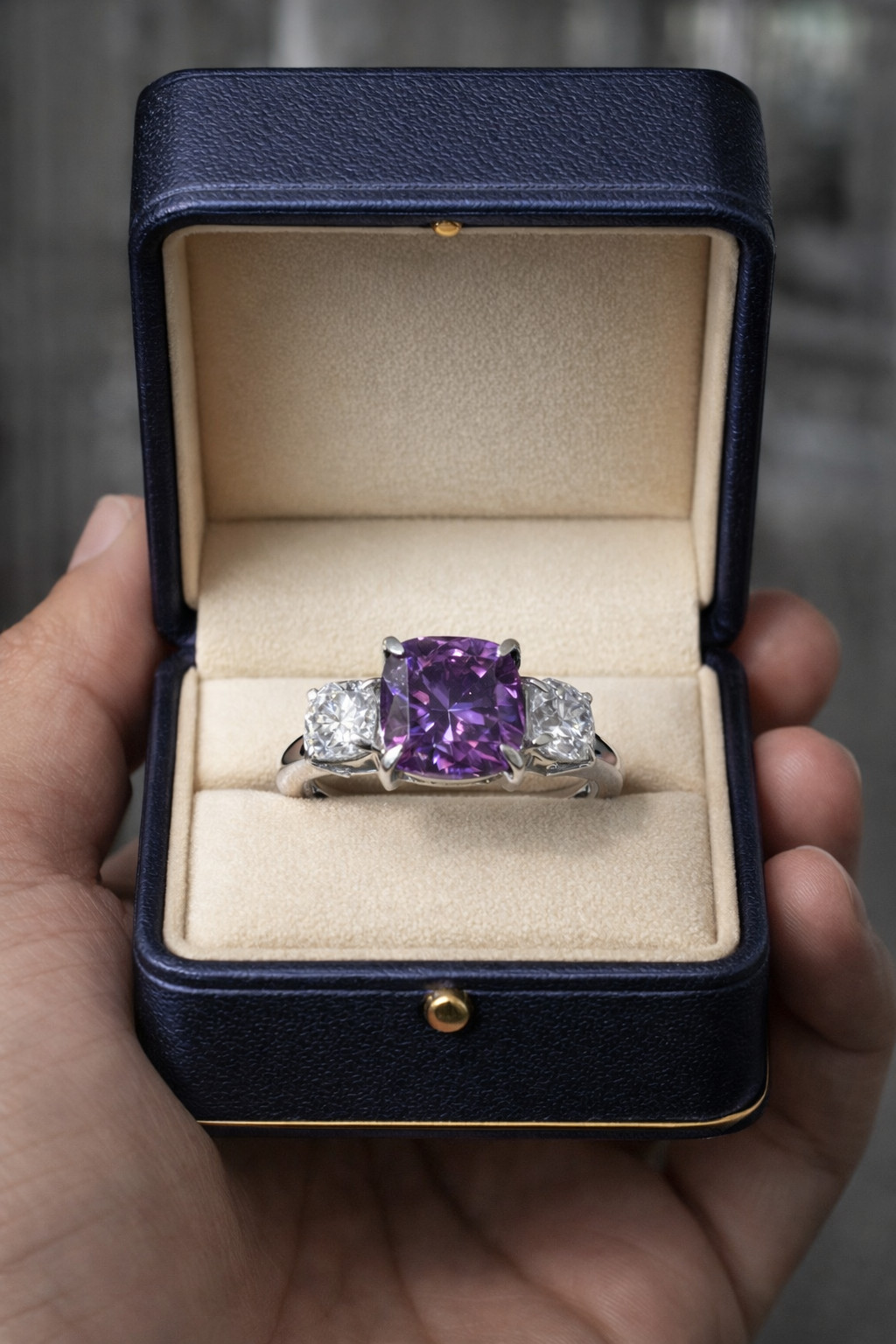Purple Cushion Cut Moissanite Ring Platinum Plated 3 Stone Engagement Ring