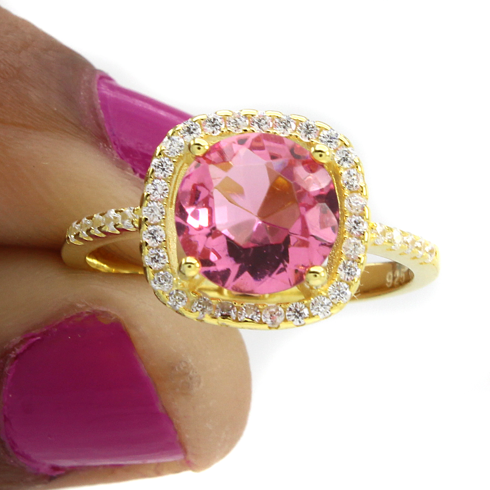 18K Yellow Gold Plated Cushion Shape Pk Sapphire& CZ Solitaire Engagement Rg 6