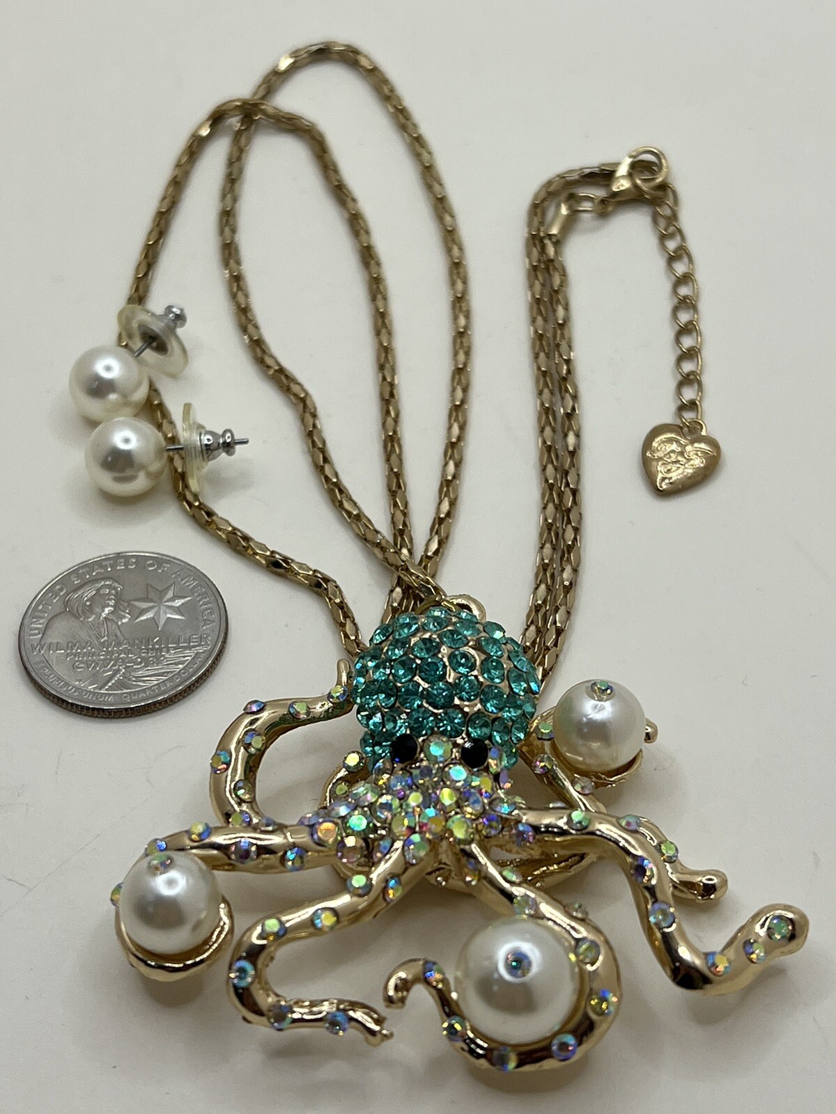 Betsey Johnson Large Aqua/Turquoise Blue Octopus Statement Necklace & Earrings