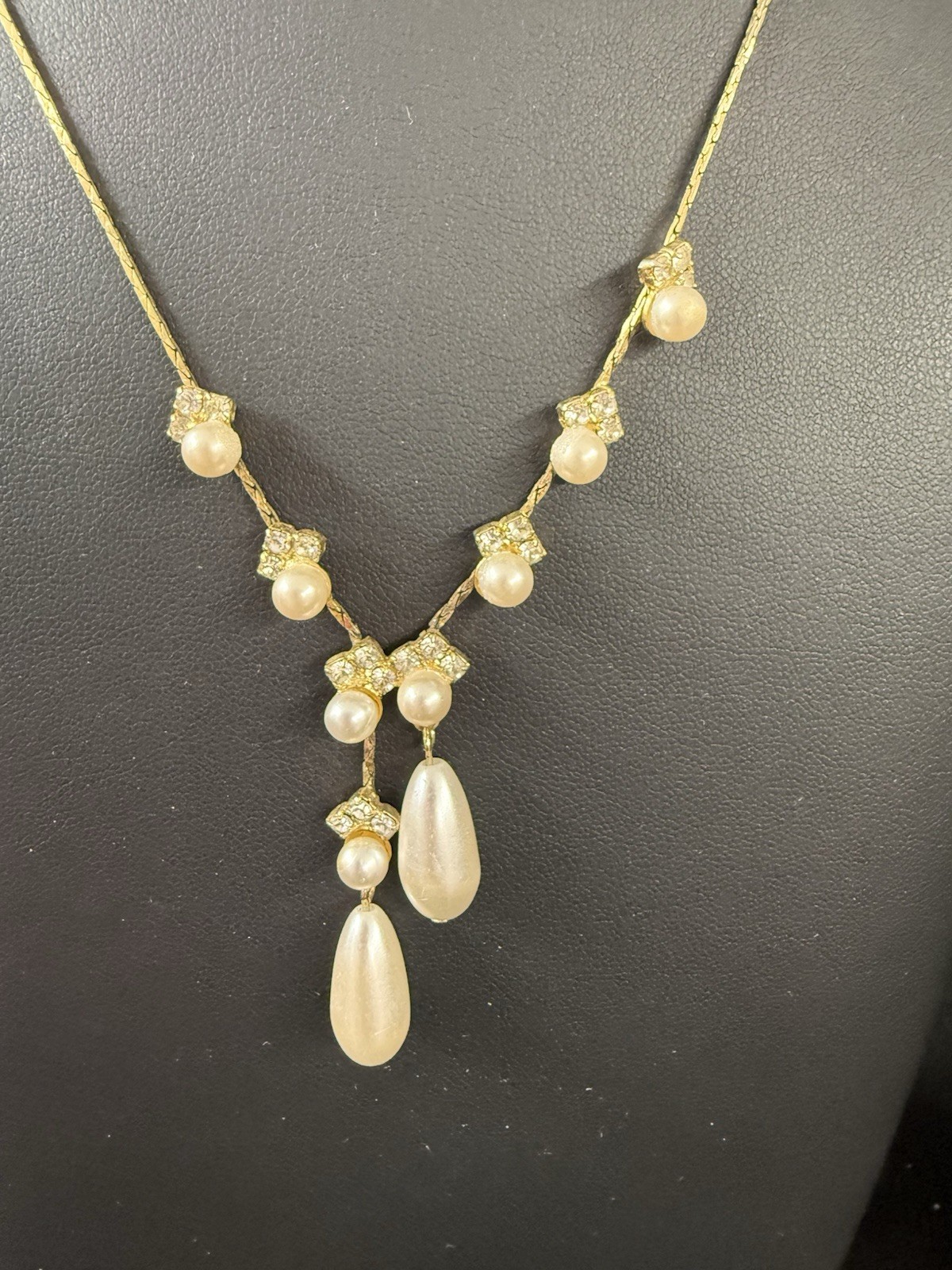 Vintage Rhinestone And Teardrop Faux Pearl Necklace And Dangle Earrings