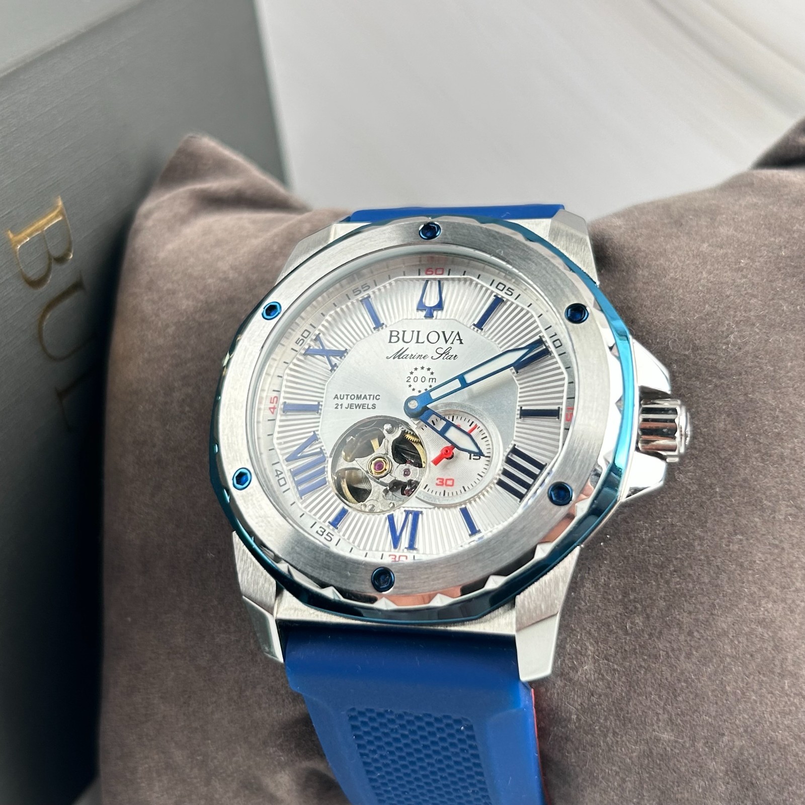 Bulova 98A225 Marine Star White Dial Silicon Blue Strap Men’s Automatic Watch