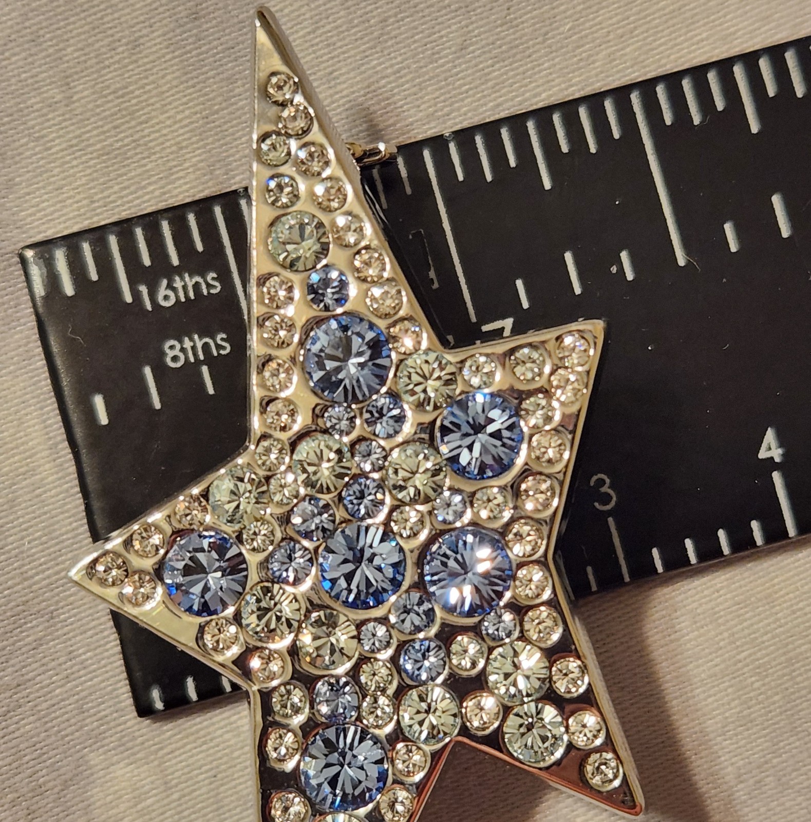 Rare Style New Thierry Mugler Star PIN Brooch Silver w/ Blue & White Crystals