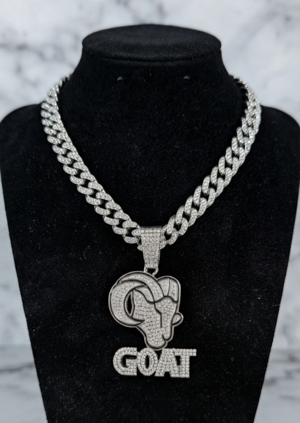 Iced Out RAM Head GOAT Pendant & Cuban Chain Set – Silver Plated – CZ Stones