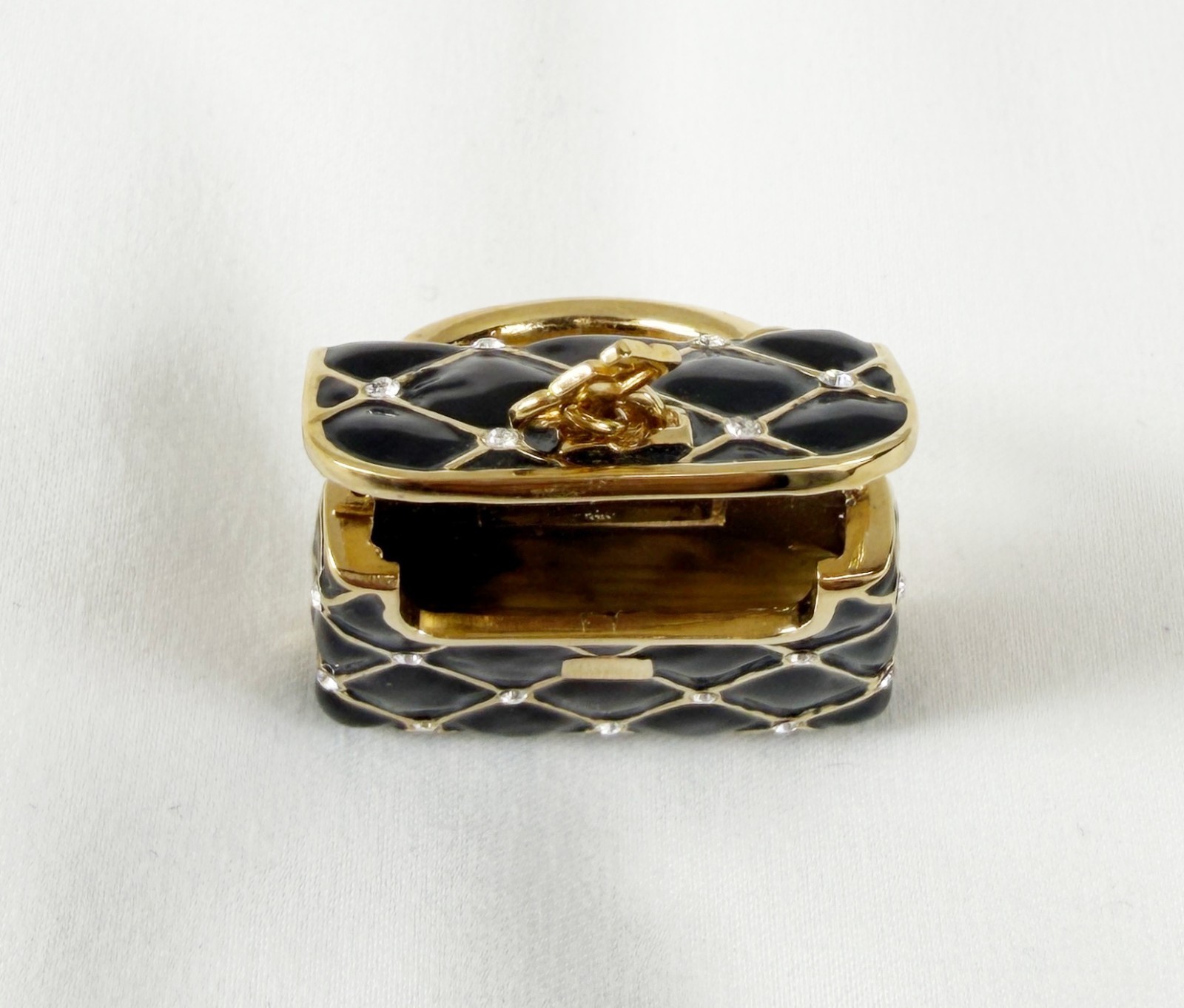 NEW ST. JOHN Handbag Mini Brooch Pin Black Enamel Crystals 24KGP Logo Enhancer